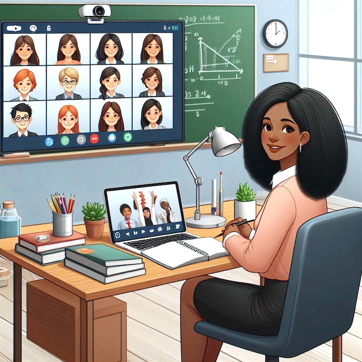 PSD a woman sits at a desk in front of a computer screen that says quot the teacher quot