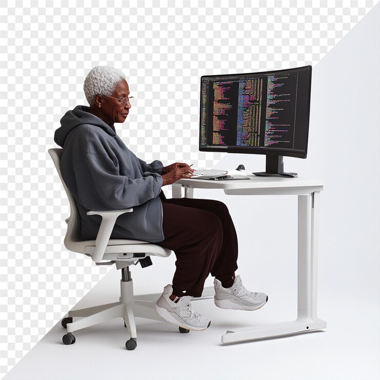 PSD a woman sits at a desk with a computer and the word quot x quot on it