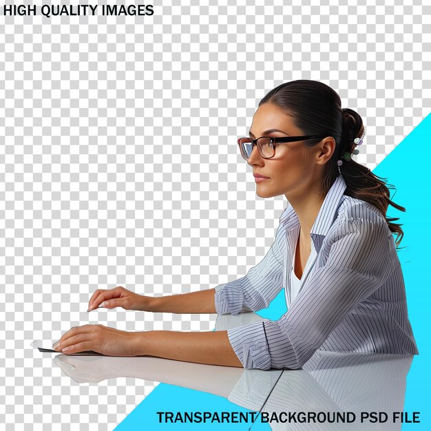 PSD a woman sits at a desk with a laptop and a blue background with a blue design