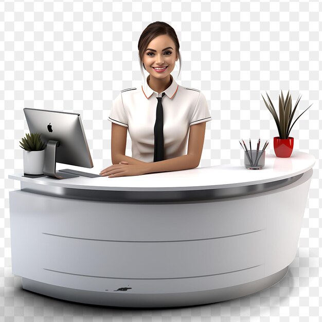 A woman sits at a desk with a laptop and a plant on it