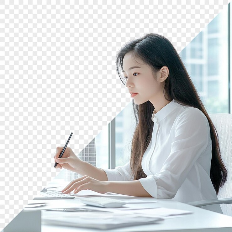 PSD 한 여성이 책상에 앉아 손에 펜을 들고 펜 트라는 단어를 쓴다.