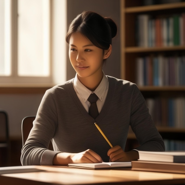 PSD a woman sits at a desk with a pen in her hand