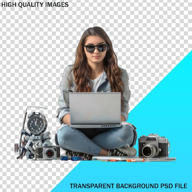 A woman sits on a floor with a laptop and a picture of a girl with the words high quality