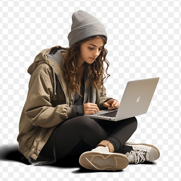 PSD a woman sits on the floor with a laptop and the screen is on