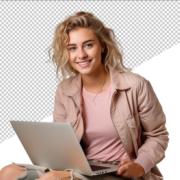 PSD a woman sits in front of a laptop with a white background