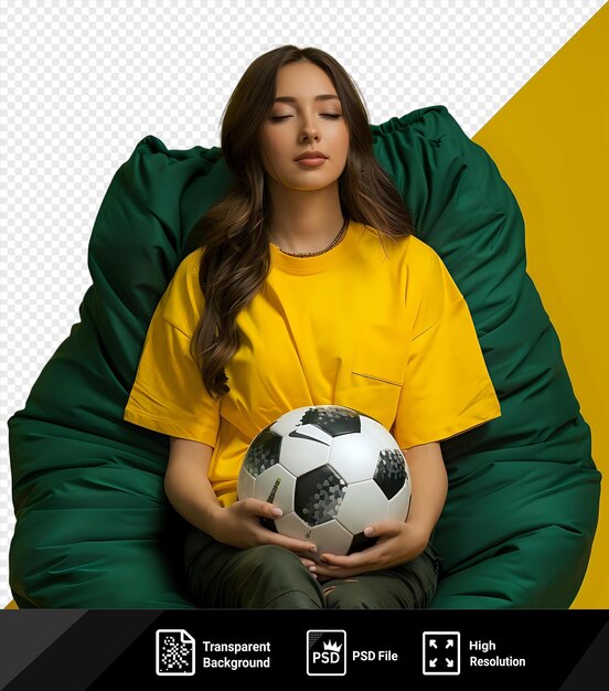 A woman sits in a green chair with a soccer ball in her hand
