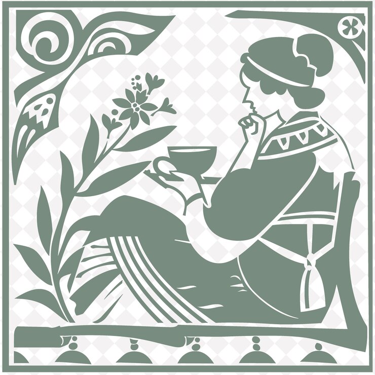 PSD 女性が緑と白のパターンで茶のカップで座っています