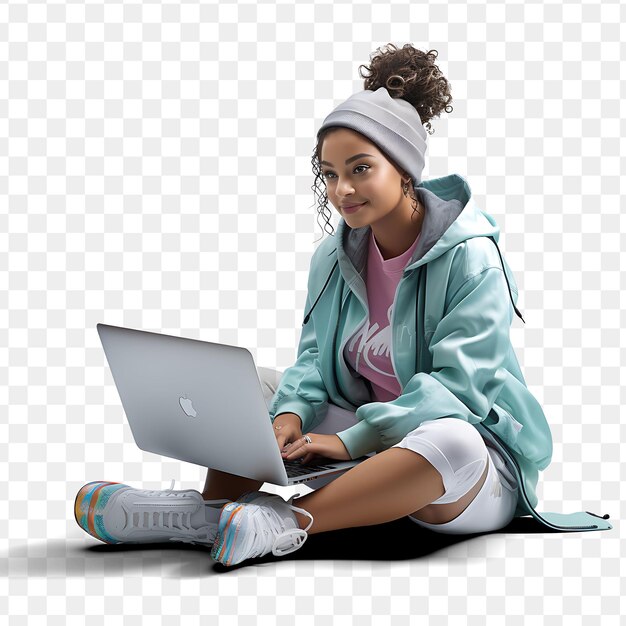 A woman sits on the ground with a laptop