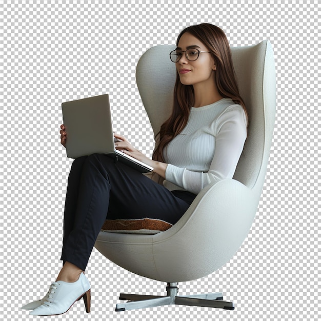 PSD a woman sits in an office chair with a book in her lap