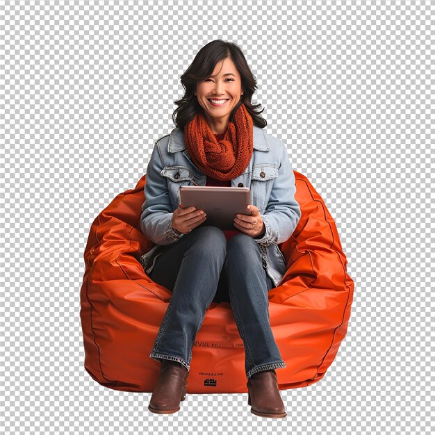 PSD a woman sits on an orange chair with a laptop