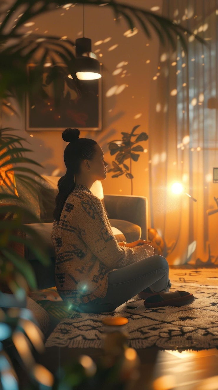 PSD woman sits peacefully in a warm plantfilled living room illuminated by soft lighting