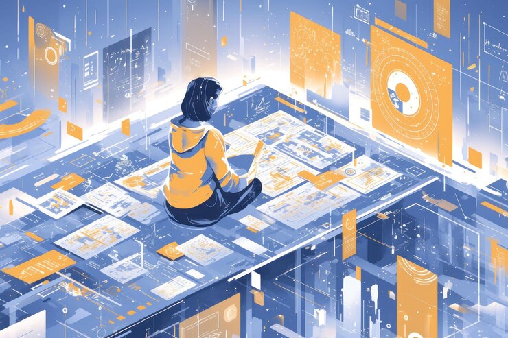 PSD a woman sits on a platform surrounded by digital data working on a tablet surrounded by a futuristic cityscape