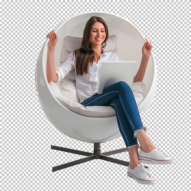 PSD a woman sits in a round white chair with a laptop on her lap