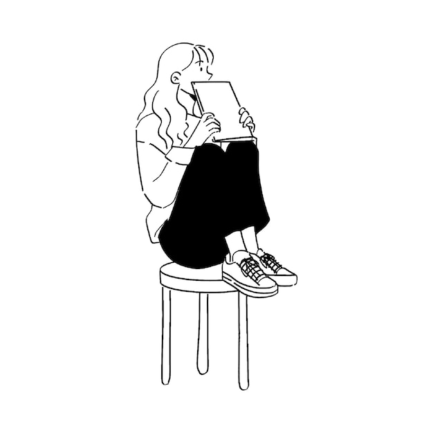 PSD una donna siede su uno sgabello con un tablet in mano.