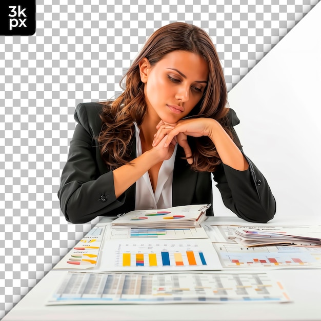 A woman sits at a table with a paper with the letters k - x on it