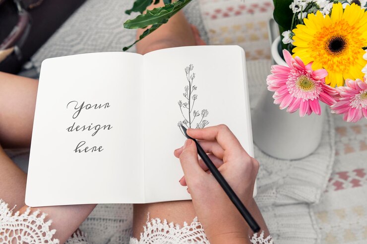PSD woman sitting by fresh flowers and writing on her diary