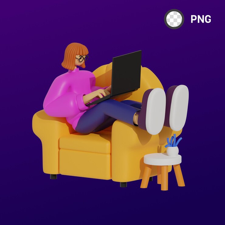 PSD a woman sitting on a chair with a laptop on her lap.