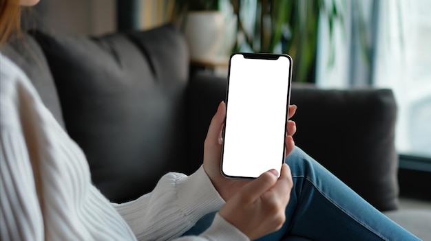 携帯電話を持ってソファに座っている女性