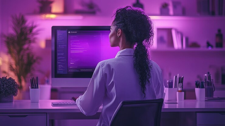PSD a woman sitting at a desk working on a computer in a dimly lit room with purple lighting