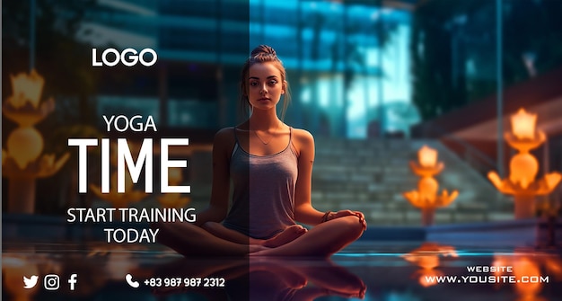 A woman sitting in front of a fire pit with the words yoga on it.