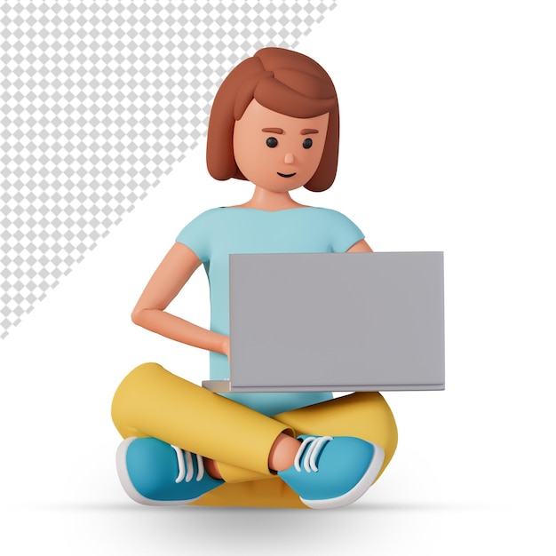 Woman sitting in lotus pose and working on laptop 3d illustration