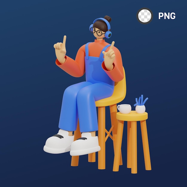 A woman sitting on a stool with a pair of headphones and a blue background that says png.