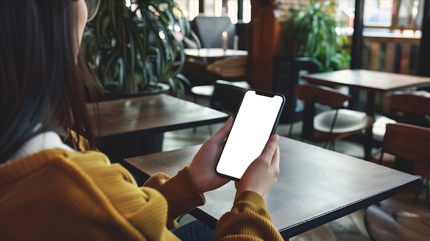 PSD woman sitting at table holding cell phone