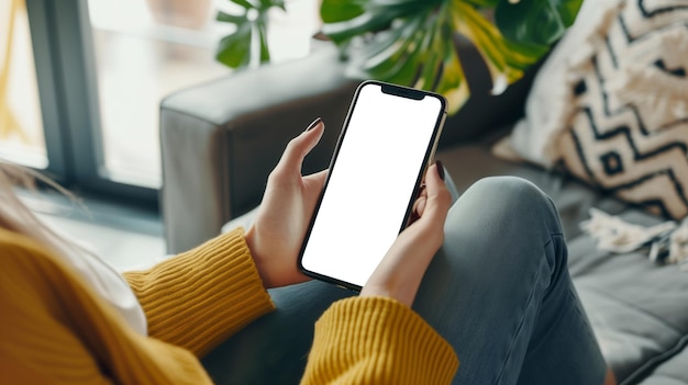 テーブルに座って携帯電話を握っている女性