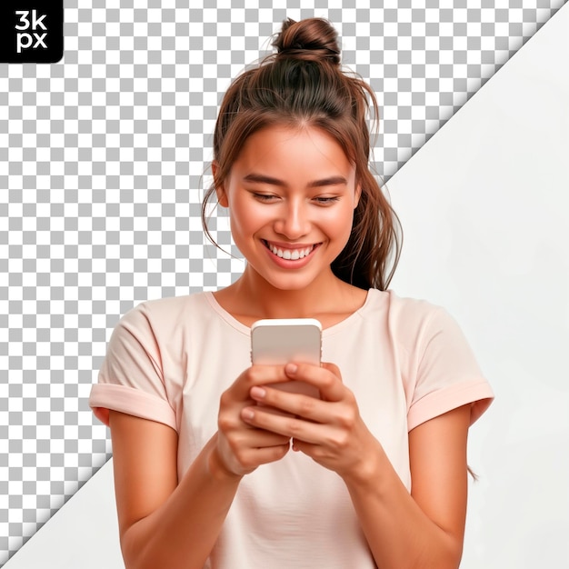 A woman smiles while holding a phone with the letters kx on it