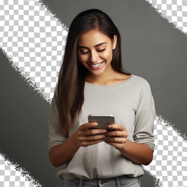 A woman smiles while texting on her phone.