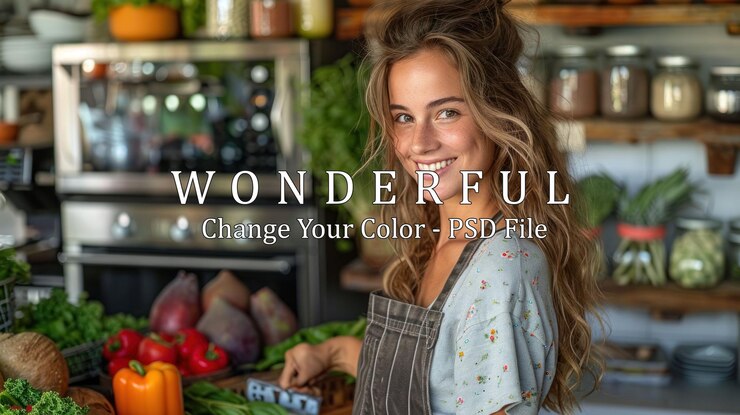 PSD woman smiling in kitchen with fresh produce