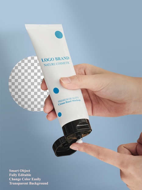 PSD woman squeezing hand cream from tube mockup