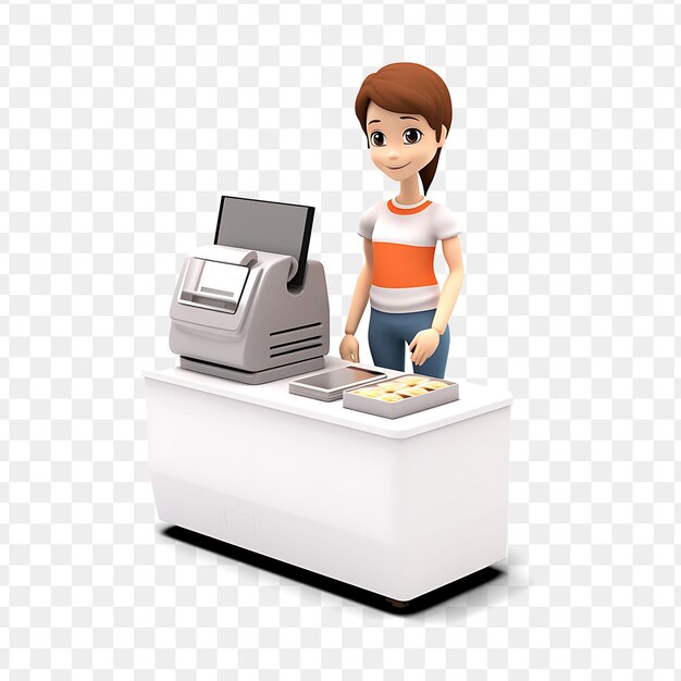 PSD a woman stands behind a cash register that is labeled cash register