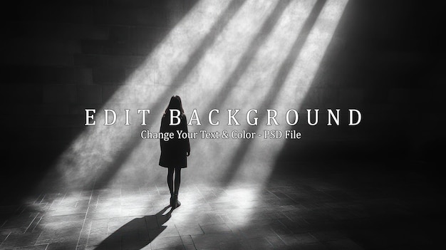 A woman stands in a dark room illuminated by three beams of light creating a dramatic and mysterious atmosphere