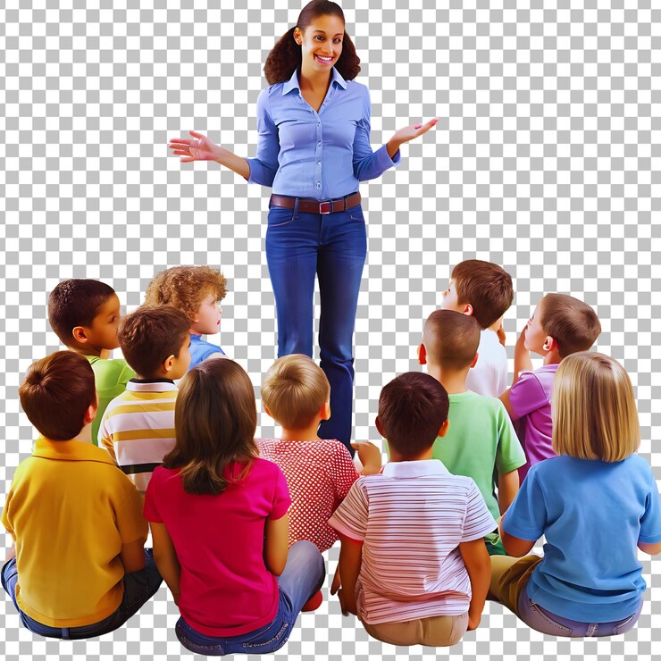 PSD a woman stands in front of a group of children