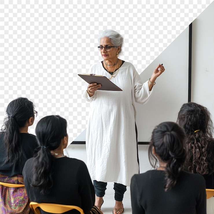 PSD a woman stands in front of a white board with a group of students in front of it