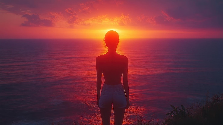 PSD a woman stands silhouetted against a vibrant sunset over the ocean