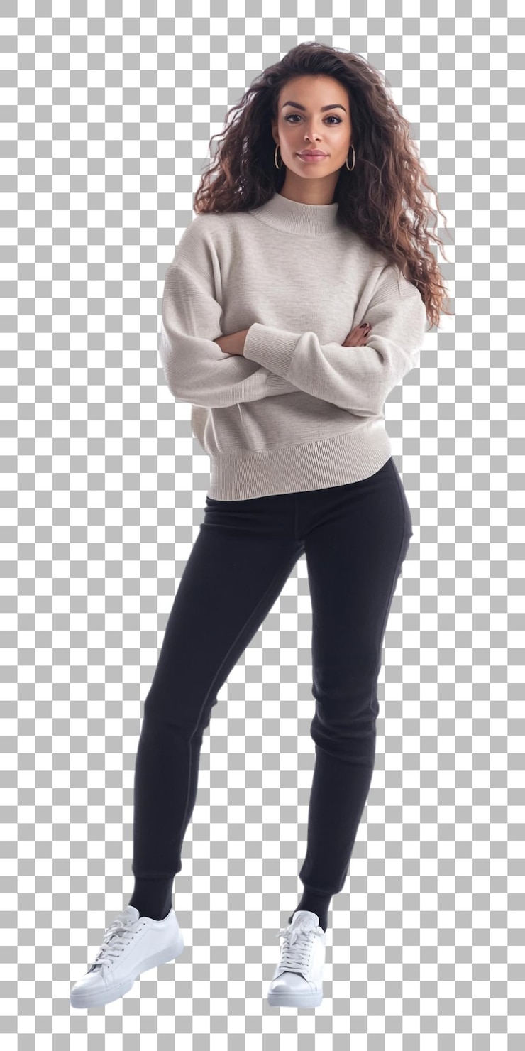 PSD a woman stands with her arms crossed on a checkered background