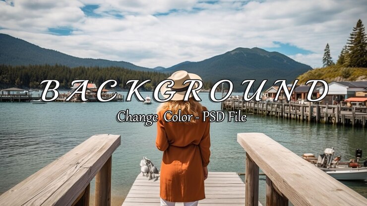 PSD woman in a straw hat gazes at a scenic mountain lake