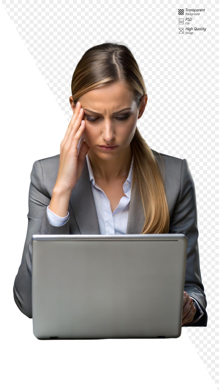 PSD a woman suffering from a headache while working on a laptop with a transparent background