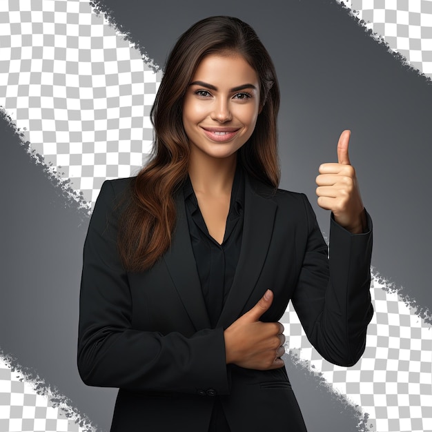 PSD a woman in a suit giving a thumbs up sign.