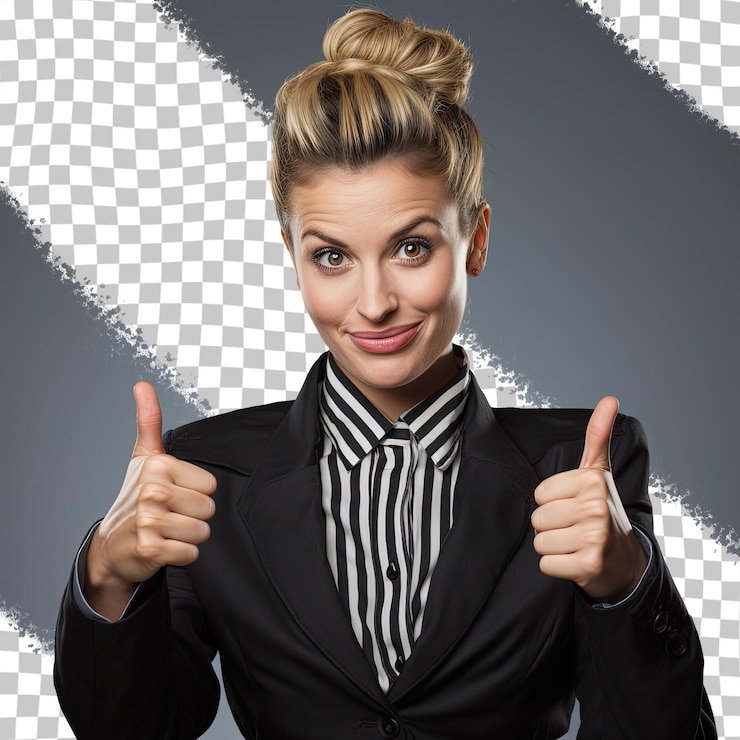 PSD a woman in a suit giving the thumbs up sign.