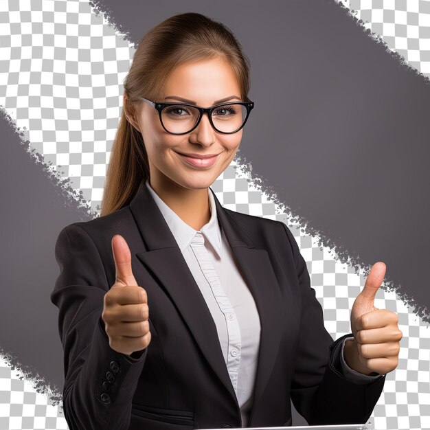 PSD a woman in a suit giving a thumbs up sign.