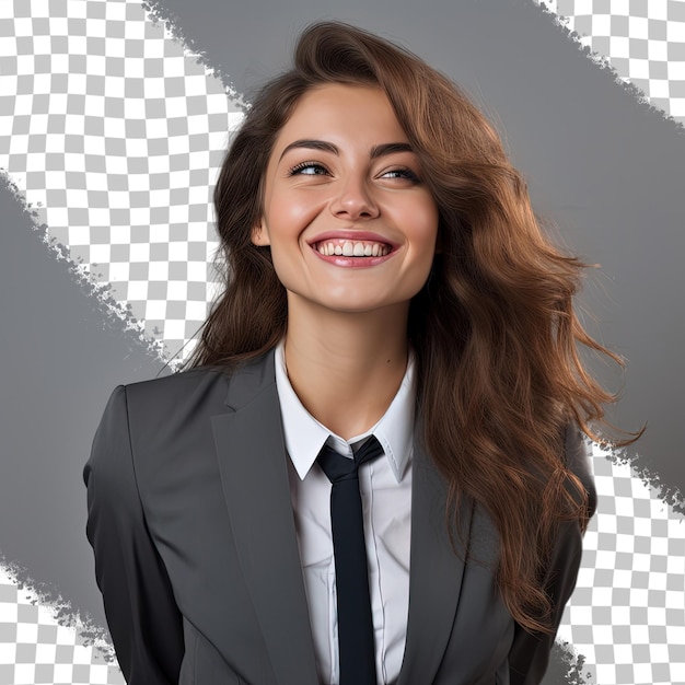 A woman in a suit smiles and smiles with a picture of a smiling woman.