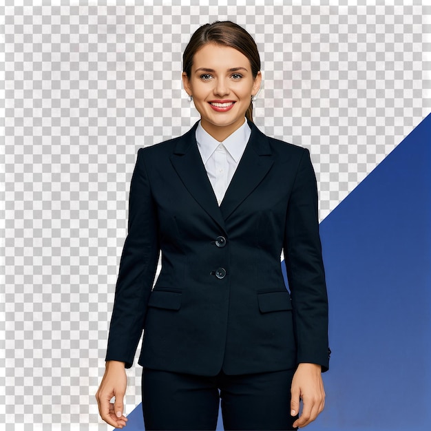 A woman in a suit stands in front of a blue and white background