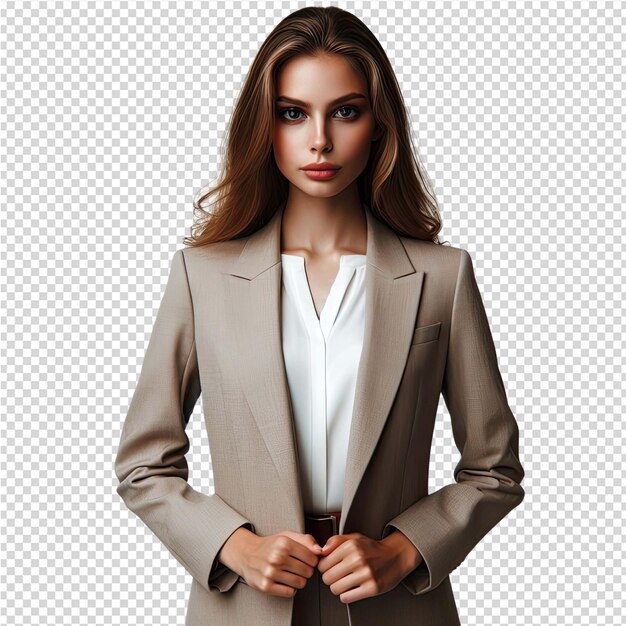 PSD a woman in a suit stands in front of a paper with a red lip