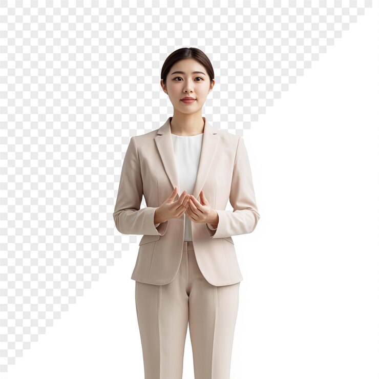 PSD 슈트 를 입은 여자 가  배경 앞 에 서 있다