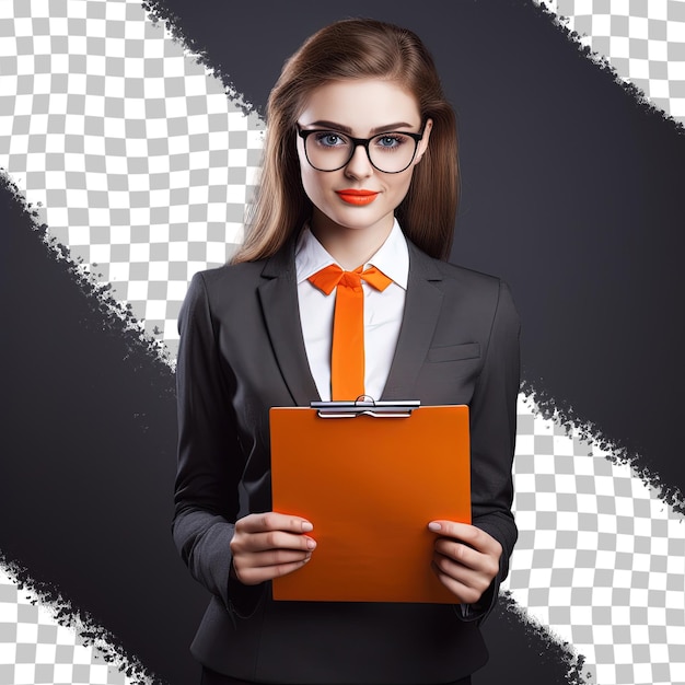 PSD a woman in a suit with a folder that says 