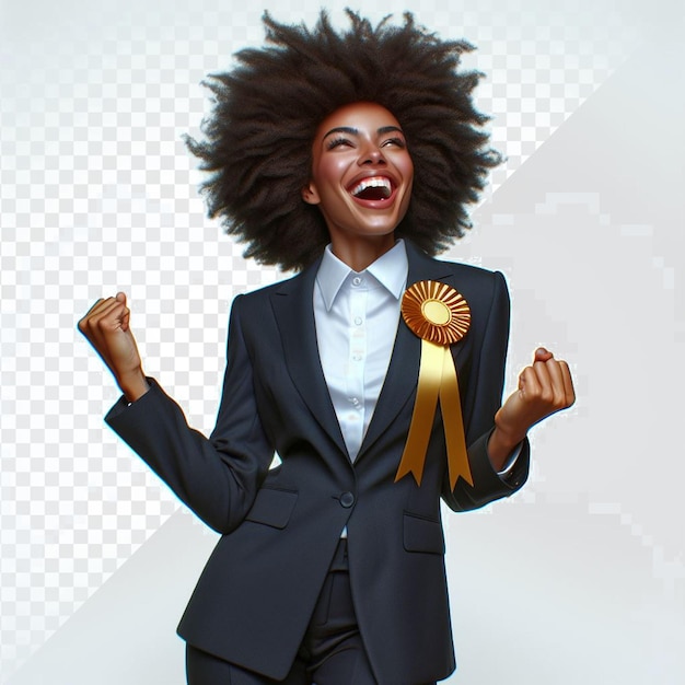 PSD a woman in a suit with a gold medal on her neck