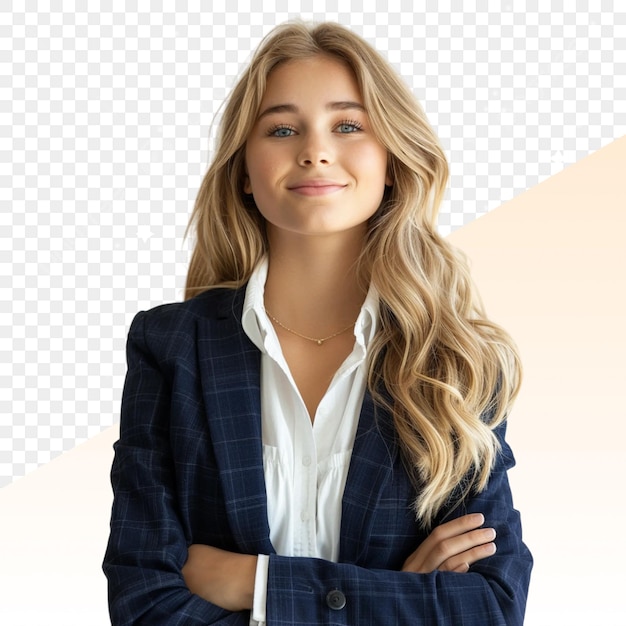 a woman in a suit with her arms crossed and a white shirt with a gold sequined logo on the front